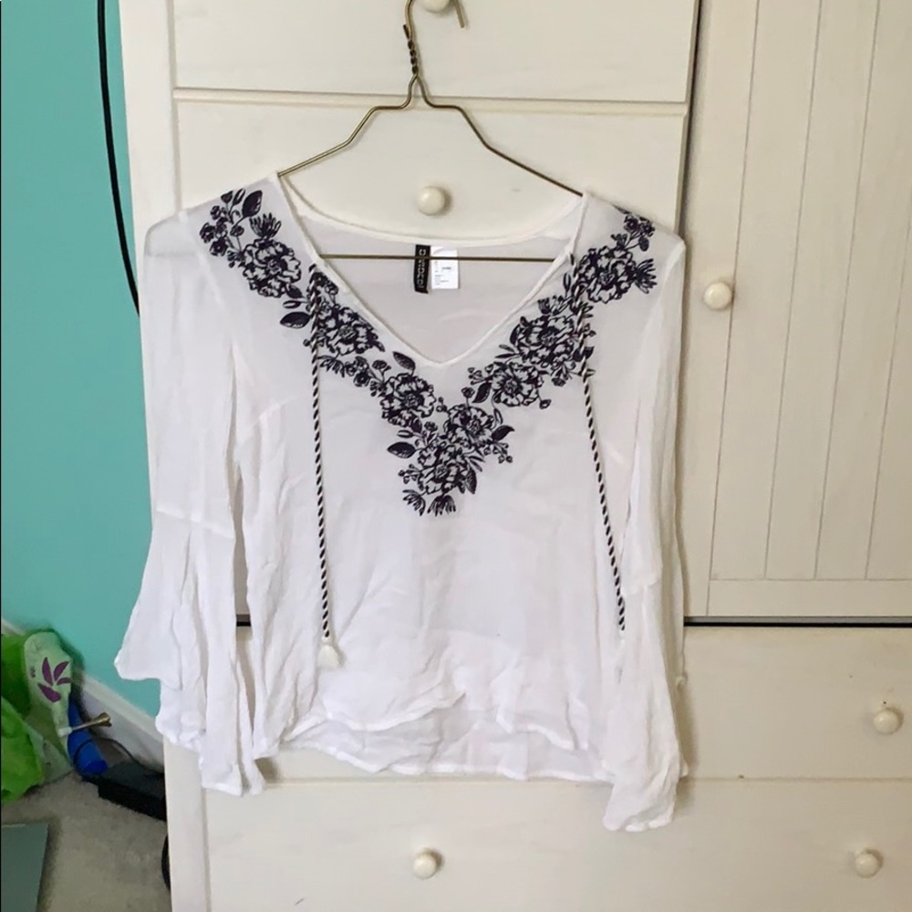 White Blouse with Navy Floral Design